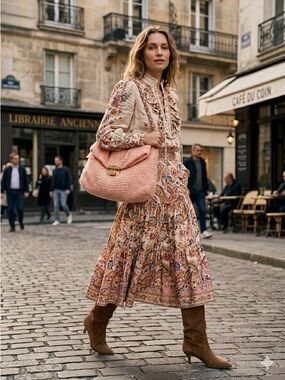 Nina Ricci Pink Rose Perle Textured Bouclé 'Liane' Large Foldover Shoulder Bag